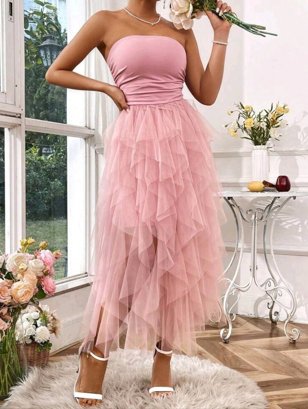 Baby Pink Strapless Mesh Midi Dress For Women Sleeveless Ruched Flared - Picture 3 of 6